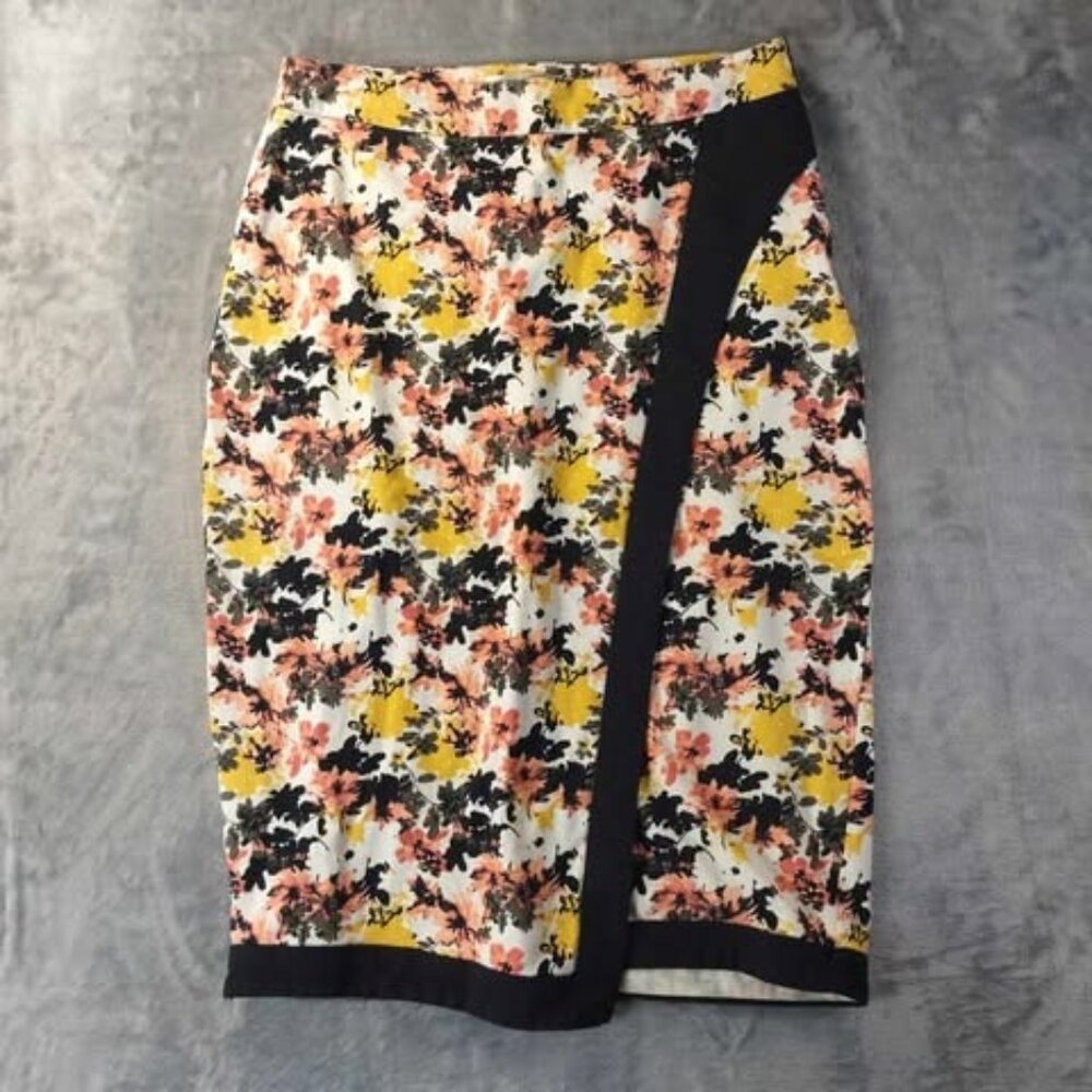 DE Collection Women S Floral Pencil Skirt Yellow Black Zip Stretch Career Office